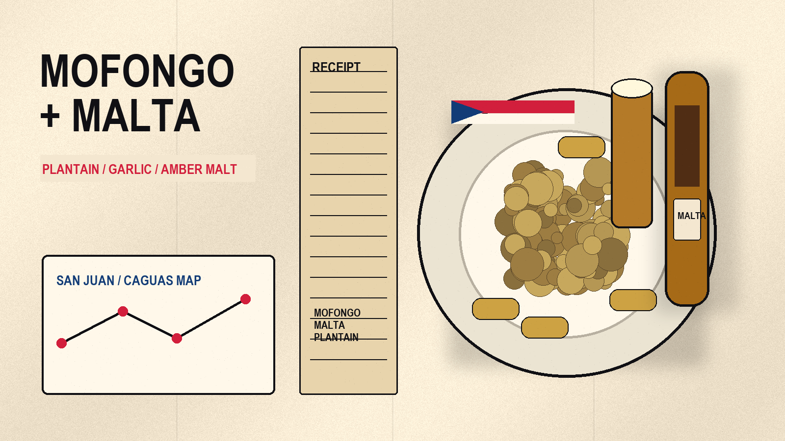 Mofongo, malta, receipt paper, and San Juan travel field-note artwork