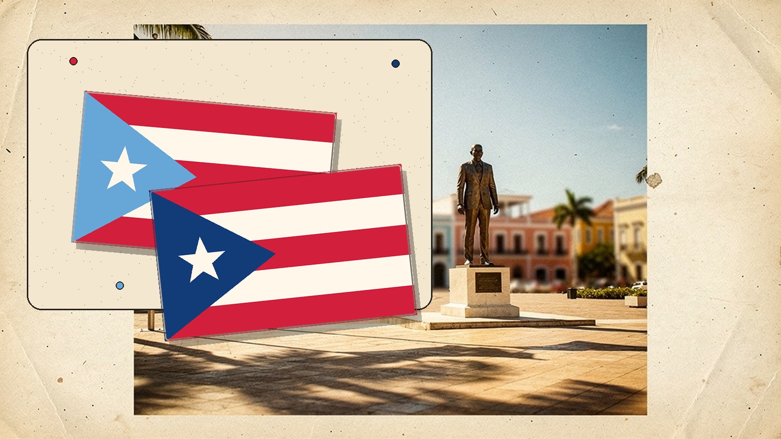 San Juan plaza artwork with Obama statue and two Puerto Rico flag versions